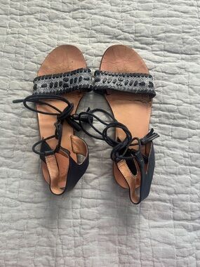 Jack Rogers Black Beaded Lace-Up Sandals with Tan Footbed